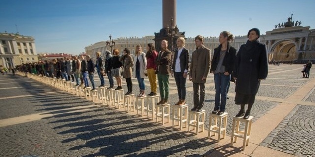 A view of Elena Kovylina's Egalite, performed April 19, 2014, outside the Hermitage